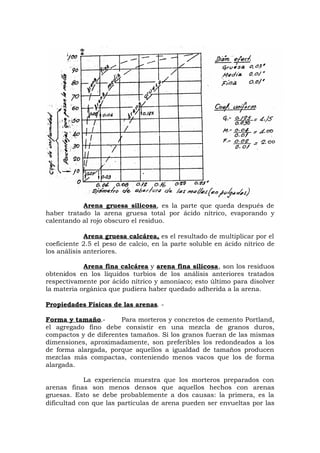 Arena gruesa silicosa, es la parte que queda después de
haber tratado la arena gruesa total por ácido nítrico, evaporando y
calentando al rojo obscuro el residuo.
Arena gruesa calcárea, es el resultado de multiplicar por el
coeficiente 2.5 el peso de calcio, en la parte soluble en ácido nítrico de
los análisis anteriores.
Arena fina calcárea y arena fina silicosa, son los residuos
obtenidos en los líquidos turbios de los análisis anteriores tratados
respectivamente por ácido nítrico y amoníaco; esto último para disolver
la materia orgánica que pudiera haber quedado adherida a la arena.
Propiedades Físicas de las arenas. -
Forma y tamaño.- Para morteros y concretos de cemento Portland,
el agregado fino debe consistir en una mezcla de granos duros,
compactos y de diferentes tamaños. Si los granos fueran de las mismas
dimensiones, aproximadamente, son preferibles los redondeados a los
de forma alargada, porque aquellos a igualdad de tamaños producen
mezclas más compactas, conteniendo menos vacos que los de forma
alargada.
La experiencia muestra que los morteros preparados con
arenas finas son menos densos que aquellos hechos con arenas
gruesas. Esto se debe probablemente a dos causas: la primera, es la
dificultad con que las partículas de arena pueden ser envueltas por las
 