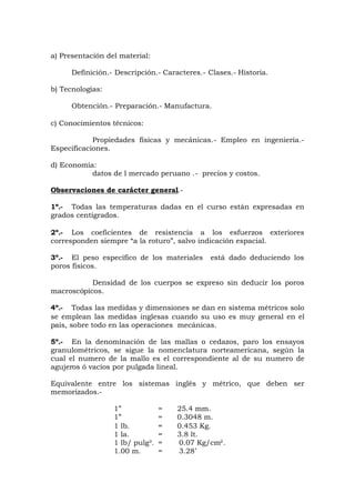 a) Presentación del material:
Definición.- Descripción.- Caracteres.- Clases.- Historia.
b) Tecnologías:
Obtención.- Preparación.- Manufactura.
c) Conocimientos técnicos:
Propiedades físicas y mecánicas.- Empleo en ingeniería.-
Especificaciones.
d) Economía:
datos de l mercado peruano .- precios y costos.
Observaciones de carácter general.-
1º.- Todas las temperaturas dadas en el curso están expresadas en
grados centígrados.
2º.- Los coeficientes de resistencia a los esfuerzos exteriores
corresponden siempre “a la roturo”, salvo indicación espacial.
3º.- El peso específico de los materiales está dado deduciendo los
poros físicos.
Densidad de los cuerpos se expreso sin deducir los poros
macroscópicos.
4º.- Todas las medidas y dimensiones se dan en sistema métricos solo
se emplean las medidas inglesas cuando su uso es muy general en el
país, sobre todo en las operaciones mecánicas.
5º.- En la denominación de las mallas o cedazos, paro los ensayos
granulométricos, se sigue la nomenclatura norteamericana, según la
cual el numero de la mallo es el correspondiente al de su numero de
agujeros ó vacíos por pulgada lineal.
Equivalente entre los sistemas inglés y métrico, que deben ser
memorizados.-
1” = 25.4 mm.
1” = 0.3048 m.
1 lb. = 0.453 Kg.
1 la. = 3.8 lt.
1 lb/ pulg². = 0.07 Kg/cm².
1.00 m. = 3.28’
 