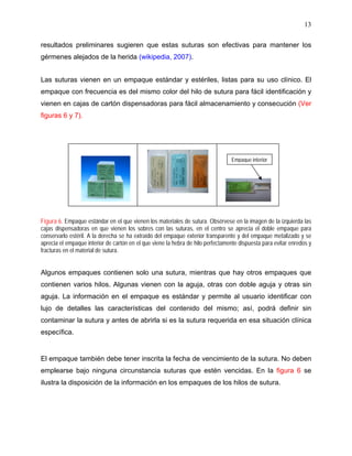 13

resultados preliminares sugieren que estas suturas son efectivas para mantener los
gérmenes alejados de la herida (wikipedia, 2007).


Las suturas vienen en un empaque estándar y estériles, listas para su uso clínico. El
empaque con frecuencia es del mismo color del hilo de sutura para fácil identificación y
vienen en cajas de cartón dispensadoras para fácil almacenamiento y consecución (Ver
figuras 6 y 7).




                                                                                 Empaque interior




Figura 6. Empaque estándar en el que vienen los materiales de sutura. Obsérvese en la imagen de la izquierda las
cajas dispensadoras en que vienen los sobres con las suturas, en el centro se aprecia el doble empaque para
conservarlo estéril. A la derecha se ha extraído del empaque exterior transparente y del empaque metalizado y se
aprecia el empaque interior de cartón en el que viene la hebra de hilo perfectamente dispuesta para evitar enredos y
fracturas en el material de sutura.


Algunos empaques contienen solo una sutura, mientras que hay otros empaques que
contienen varios hilos. Algunas vienen con la aguja, otras con doble aguja y otras sin
aguja. La información en el empaque es estándar y permite al usuario identificar con
lujo de detalles las características del contenido del mismo; así, podrá definir sin
contaminar la sutura y antes de abrirla si es la sutura requerida en esa situación clínica
específica.


El empaque también debe tener inscrita la fecha de vencimiento de la sutura. No deben
emplearse bajo ninguna circunstancia suturas que estén vencidas. En la figura 6 se
ilustra la disposición de la información en los empaques de los hilos de sutura.
 