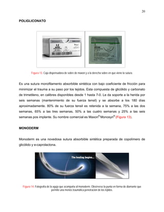 20

POLIGLICONATO




         Figura 13. Caja dispensadora de sobre de maxon y a la derecha sobre en que viene la sutura.


Es una sutura monofilamento absorbible sintética con bajo coeficiente de fricción para
minimizar el trauma a su paso por los tejidos. Esta compuesta de glicólido y carbonato
de trimetileno, en calibres disponibles desde 1 hasta 7-0. Le da soporte a la herida por
seis semanas (mantenimiento de su fuerza tensil) y se absorbe a los 180 días
aproximadamente. 80% de su fuerza tensil es retenida a la semana, 75% a las dos
semanas, 65% a las tres semanas, 50% a las cuatro semanas y 25% a las seis
semanas pos implante. Su nombre comercial es Maxon® Monosyn® (Figura 13).


MONODERM


Monoderm es una novedosa sutura absorbible sintética preparada de copolímero de
glicólido y e-caprolactona.




  Figura 14. Fotografía de la aguja que acompaña al monoderm. Obsérvese la punta en forma de diamante que
                            permite una menos traumática penetración de los tejidos.
 