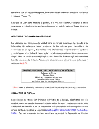 33

removidas con un dispositivo especial, de lo contrario su remoción puede ser más difícil
y dolorosa (Figura 22).


Las que se usan para intestino o pulmón, a la vez que suturan, seccionan y unen
segmentos en intestino o cierran herméticamente en pulmón evitando fugas de aire o
sangre.


ADHESIVOS Y SELLANTES QUIRÚRGICOS


La búsqueda de elementos de utilidad para las tareas quirúrgicas ha llevado a la
fabricación de adhesivos como sustitutos de las suturas para reestablecer la
continuidad de los tejidos y de sellantes como alternativas a los pinzamientos, ligaduras
y cauterio para el control de la hemorragia. Los adhesivos y sellantes tienen un uso muy
amplio fuera del campo médico-quirúrgico, pero dentro del área quirúrgica su desarrollo
ha sido un poco más limitado. Actualmente disponemos de cinco tipos de adhesivos y
sellantes (tabla 5).


               TIPOS DE ADHESIVOS Y SELLANTES DE USO QUIRÚRGICO
                                   Sellantes de fibrina
                                     Cianoacrilatos
                            Gelatina y productos de trombina
                              Polímeros de polietilen glicol
                         Albúmina y productos de glutaraldehido


 Tabla 5. Tipos de adhesivos y sellantes que se encuentran disponibles para uso quirúrgico actualmente.

SELLANTES DE FIBRINA


Los sellantes de fibrina son productos derivados de la sangre, absorbibles, que se
emplean para hemostasia. Son relativamente fáciles de usar, y pueden ser mantenidos
a temperatura ambiente o en un refrigerador. Sus principales usos quirúrgicos son en
cirugía cardíaca, hepática, y esplénica (Liu et al, 2003; Schexneider, 2004; Kouba et al,
2004).    Se han empleado también para tratar de reducir la frecuencia de fístulas
 