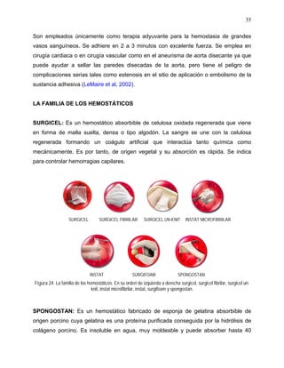 35

Son empleados únicamente como terapia adyuvante para la hemostasia de grandes
vasos sanguíneos. Se adhiere en 2 a 3 minutos con excelente fuerza. Se emplea en
cirugía cardiaca o en cirugía vascular como en el aneurisma de aorta disecante ya que
puede ayudar a sellar las paredes disecadas de la aorta, pero tiene el peligro de
complicaciones serias tales como estenosis en el sitio de aplicación o embolismo de la
sustancia adhesiva (LeMaire et al, 2002).


LA FAMILIA DE LOS HEMOSTÁTICOS


SURGICEL: Es un hemostático absorbible de celulosa oxidada regenerada que viene
en forma de malla suelta, densa o tipo algodón. La sangre se une con la celulosa
regenerada formando un coágulo artificial que interactúa tanto química como
mecánicamente. Es por tanto, de origen vegetal y su absorción es rápida. Se indica
para controlar hemorragias capilares.




                  SURGICEL         SURGICEL FIBRILAR        SURGICEL UN-KNIT       INSTAT MICROFIBRILAR




                              INSTAT                  SURGIFOAM                SPONGOSTAN
Figura 24. La familia de los hemostáticos. En su orden de izquierda a derecha surgicel, surgicel fibrilar, surgicel un-
                               knit, instat microfibrilar, instat, surgifoam y spongostan.



SPONGOSTAN: Es un hemostático fabricado de esponja de gelatina absorbible de
origen porcino cuya gelatina es una proteína purificada conseguida por la hidrólisis de
colágeno porcino. Es insoluble en agua, muy moldeable y puede absorber hasta 40
 