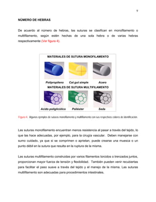 9

NÚMERO DE HEBRAS


De acuerdo al número de hebras, las suturas se clasifican en monofilamento o
multifilamento, según estén hechas de una sola hebra o de varias hebras
respectivamente (Ver figura 4).




                            MATERIALES DE SUTURA MONOFILAMENTO




                          Polipropileno         Cat gut simple               Acero
                            MATERIALES DE SUTURA MULTIFILAMENTO




                     Acido poliglicólico           Poliéster                 Seda

Figura 4. Algunos ejemplos de suturas monofilamento y multifilamento con sus respectivos colores de identificación.



Las suturas monofilamento encuentran menos resistencia al pasar a través del tejido, lo
que las hace adecuadas, por ejemplo, para la cirugía vascular. Deben manejarse con
sumo cuidado, ya que si se comprimen o aprietan, puede crearse una muesca o un
punto débil en la sutura que resulta en la ruptura de la misma.


Las suturas multifilamento construidas por varios filamentos torcidos o trenzados juntos,
proporcionan mayor fuerza de tensión y flexibilidad. También pueden venir recubiertas
para facilitar el paso suave a través del tejido y el manejo de la misma. Las suturas
multifilamento son adecuadas para procedimientos intestinales.
 