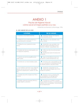HRN 00007 ok:HRN 00007 cuidar voz         10/11/10      13:14   Página 69




                                                                                      Anexos




                                         ANEXO 1
                            Pautas de Higiene Vocal:
                       cómo sacar el mejor partido a su voz.
                                                    Adaptado de Morrisson & Rammage, 1996.

           A. NO ABUSE DE LA VOZ

                        A EVITAR…                                 EN SU LUGAR…



                                                        ▲
             • Forzar su voz hasta el límite.              Dedique tiempo de reposo
                                                       vocal durante el día.

                                                        ▲
            • Utilizar la voz si está enfermo o             Repose su voz durante unas
           excesivamente cansado.                      horas al día.
                                                        ▲

             • Utilizar la voz cuando la note               Aprenda a ser sensible a los
           tensa.                                      primeros signos de fatiga vocal:
                                                       disfonía, tensión, sequedad, etc.
                                                        ▲




            • Hablar de forma prolongada y/o                Utilice las técnicas de proyec-
           en espacios abiertos.                       ción vocal.
                                                        ▲




                                                            Acérquese para favorecer la
                                                       audición.
                                                        ▲




            • Usar la voz sin la amplificación             Use un micrófono si aún no
           adecuada.                                   proyecta correctamente la voz.
                                                        ▲




             • Cantar en un tono inadecuado.                 Conozca las características de
                                                       su voz y acuda a un profesional que
                                                       le oriente sobre su escala tonal.
                                                        ▲▲




             • Los hábitos nerviosos que originan           Aprenda a impostar la voz.
           abuso vocal como son: carraspeo,                 Aprenda estrategias de cómo
           retener la respiración, hablar sin aire,    hablar en público.
           etc.
                                                        ▲




             • Hablar durante el ejercicio físico            Espere a que su respiración
           intenso.                                    se tranquilice y su laringe esté
                                                       preparada para la fonación.
                                                        ▲




            • Hablar mientras empuja, lleva o                Comience a hablar cuando
           carga objetos pesados.                      haya soltado el peso y su postura sea
                                                       vertical. Si no es posible, concéntrese
                                                       en la respiración.




                                                  • 69 •
 
