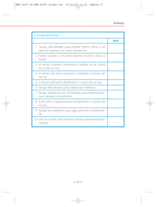 HRN 00007 ok:HRN 00007 cuidar voz   10/11/10   13:14   Página 77




                                                                     Anexos



            A causa de mi voz…

                                                                     Punt.

            01. Tengo dificultades para hablar fuerte (alto) o ser
                oído en lugares con ruido ambiental.
            02. Hablo rápido y necesito respirar muchas veces y
                fuerte
            03. A veces cuando comienzo a hablar no sé cómo
                va a salir mi voz
            04. A veces me siento ansioso o frustrado a causa de
                mi voz
            05. A veces me siento deprimido a causa de mi voz.
            06. Tengo dificultades para hablar por teléfono.
            07. Tengo problemas en mi trabajo para desenvolver-
                me o realizar mi profesión.
            08. Evito salir o relacionarme socialmente a causa de
                mi voz.
            09. Tengo que repetir lo que digo para ser comprendi-
                do
            10. Me he vuelto una persona menos expresiva/estra-
                vertida.




                                          • 77 •
 