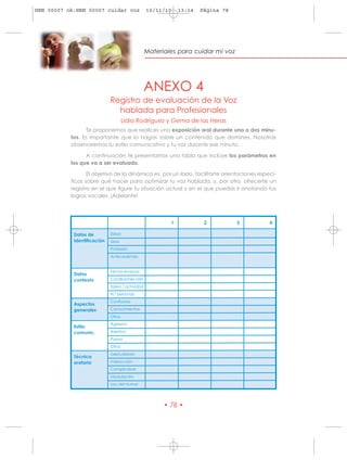 HRN 00007 ok:HRN 00007 cuidar voz                10/11/10    13:14   Página 78




                                                 Materiales para cuidar mi voz




                                              ANEXO 4
                             Registro de evaluación de la Voz
                               hablada para Profesionales
                                     Lidia Rodríguez y Gema de las Heras
                 Te proponemos que realices una exposición oral durante uno o dos minu-
           tos. Es importante que lo hagas sobre un contenido que domines. Nosotras
           observaremos tu estilo comunicativo y tu voz durante ese minuto.

                 A continuación te presentamos una tabla que incluye los parámetros en
           los que va a ser evaluado.

                  El objetivo de la dinámica es, por un lado, facilitarte orientaciones especí-
           ficas sobre qué hacer para optimizar tu voz hablada, y, por otro, ofrecerte un
           registro en el que figure tu situación actual y en el que puedas ir anotando tus
           logros vocales. ¡Adelante!




                                                         1            2          3          4

            Datos de         Edad
            Identificación   Sexo
                             Profesión
                             Antecedentes


                             Fecha evaluac.
            Datos
            contexto         Condiciones sala
                             Tarea / actividad
                             N.º personas
                             Confianza
            Aspectos
            generales        Conocimientos
                             Otros
                             Agresivo
            Estilo
            comunic.         Asertivo
                             Pasivo
                             Otros
                             Gestualidad
            Técnica
            oratoria         Interacción
                             Complicidad
                             Modulación
                             Uso del Humor




                                                       • 78 •
 