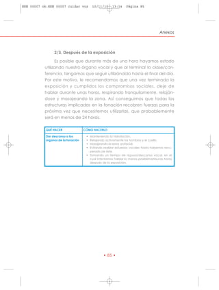 HRN 00007 ok:HRN 00007 cuidar voz        10/11/10     13:14     Página 85




                                                                                      Anexos



                2/3. Después de la exposición

                 Es posible que durante más de una hora hayamos estado
           utilizando nuestro órgano vocal y que al terminar lo clase/con-
           ferencia, tengamos que seguir utilizándolo hasta el final del día.
           Por este motivo, le recomendamos que una vez terminada la
           exposición y cumplidos los compromisos sociales, deje de
           hablar durante unas horas, respirando tranquilamente, relaján-
           dose y masajeando la zona. Así conseguimos que todas las
           estructuras implicadas en la fonación recobren fuerzas para la
           próxima vez que necesitemos utilizarlas, que probablemente
           será en menos de 24 horas.

           QUÉ HACER                CÓMO HACERLO

           Dar descanso a los        • Manteniendo la hidratación.
           órganos de la fonación    • Relajando activamente los hombros y el cuello.
                                     • Masajeando la zona orofacial.
                                     • Evitando realizar esfuerzos vocales hasta habernos recu-
                                       perado de éste.
                                     • Tomando un tiempo de reposo/descanso vocal, en el
                                       cual intentamos hablar lo menos posiblehastaunas horas
                                       después de la exposición.




                                                • 85 •
 