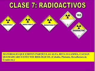 MATERIALES QUE EMITEN PARTÍCULAS ALFA, BETA O GAMMA, CAUSAN
QUEMADUARS O EFECTOS BIOLÓGICOS. (Cobalto, Plutonio, Hexafloruro de
Uranio etc.)
 