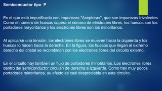 Semiconductor tipo P
Es el que está impurificado con impurezas "Aceptoras", que son impurezas trivalentes.
Como el número de huecos supera el número de electrones libres, los huecos son los
portadores mayoritarios y los electrones libres son los minoritarios.
Al aplicarse una tensión, los electrones libres se mueven hacia la izquierda y los
huecos lo hacen hacia la derecha. En la figura, los huecos que llegan al extremo
derecho del cristal se recombinan con los electrones libres del circuito externo.
En el circuito hay también un flujo de portadores minoritarios. Los electrones libres
dentro del semiconductor circulan de derecha a izquierda. Como hay muy pocos
portadores minoritarios, su efecto es casi despreciable en este circuito.
 