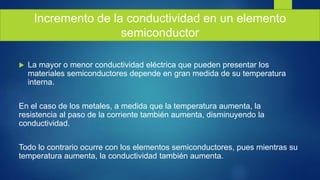  La mayor o menor conductividad eléctrica que pueden presentar los
materiales semiconductores depende en gran medida de su temperatura
interna.
En el caso de los metales, a medida que la temperatura aumenta, la
resistencia al paso de la corriente también aumenta, disminuyendo la
conductividad.
Todo lo contrario ocurre con los elementos semiconductores, pues mientras su
temperatura aumenta, la conductividad también aumenta.
Incremento de la conductividad en un elemento
semiconductor
 