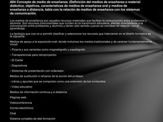 Los medios de enseñanza son aquellos recursos materiales que facilitan la comunicación entre profesores y
alumnos. Son recursos instrumentales que inciden en la transmisión educativa, afectan directamente a la
comunicación entre profesores y alumnos y tienen sólo sentido cuando se conciben en relación con el
aprendizaje.
La tipología que nos va a permitir clasificar y seleccionar los recursos que intervienen en el diseño formativo es
la siguiente:
Medios de apoyo a la exposición oral, donde incluimos los medios tradicionales y de carácter fundamentalmente
visual:
- Pizarra y sus variantes como magnetógrafo y papelógrafo.
- Transparencias para retroproyector.
- El Cartel
- Diapositivas
- Sistemas de presentación con ordenador.
Medios de sustitución o refuerzo de la acción del profesor.
- Libros y apuntes que se comportan como una extensión de los contenidos
- Vídeo educativo
Medios de información continua y a distancia
Páginas web.
Videoconferencia
Correo electrónico
Chat
Sistema completo de tele formación
A04 Concepto de medio de enseñanza. (Definición del medios de enseñanza o material
didáctico, objetivos, características de medios de enseñanza oral y medios de
enseñanza a distancia, tabla con la relación de medios de enseñanza con los sistemas
de comunicación.
 