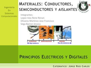 MATERIALES: CONDUCTORES,
SEMICONDUCTORES Y AISLANTES
PRINCIPIOS ELECTRICOS Y DIGITALES
CATEDRATICO: JORGE RIOS CARLOS
 