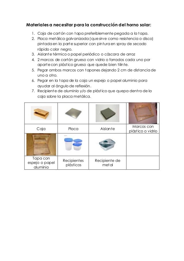Materiales a necesitar para la construcción del horno solar