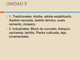 UNIDAD 5

   1. Tradicionales. Adobe, adobe estabilizado,
    Adobón recocido, ladrillo térmico, suelo
    cemento, mosaico.
   2. Industriales. Block de concreto, Adoquín,
    cachareta, ladrillo, Piedra cultivada, teja,
    ornamentales.
 