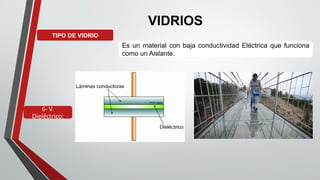 VIDRIOS
TIPO DE VIDRIO
6- V.
Dieléctrico:
Es un material con baja conductividad Eléctrica que funciona
como un Aislante.
 