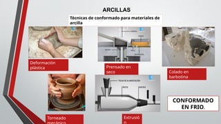 ARCILLAS
Técnicas de conformado para materiales de
arcilla
CONFORMADO
EN FRIO.
Deformación
plástica Prensado en
seco
Torneado Extrusió
n
Colado en
barbotina
 