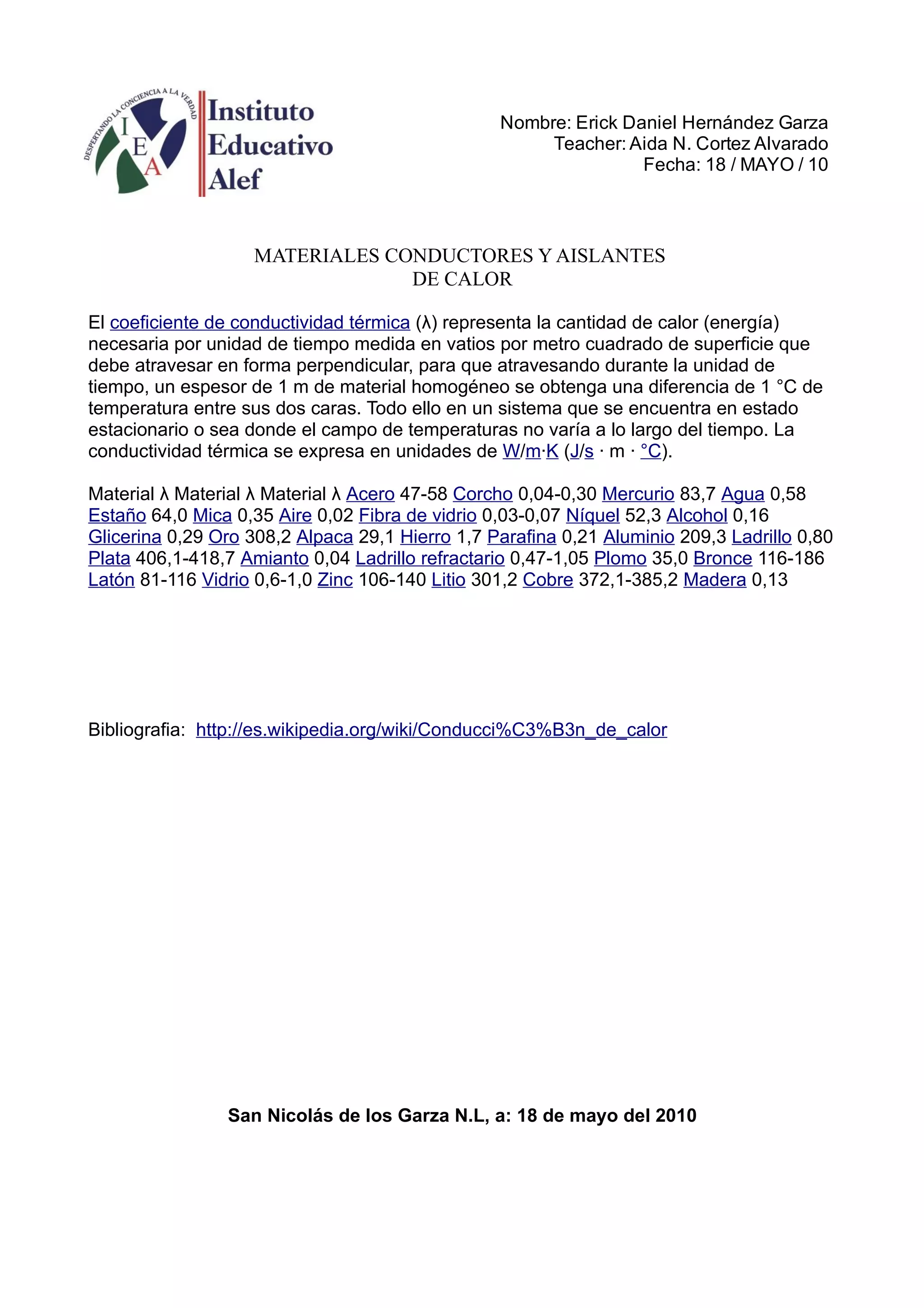 Materiales conductores y aislantes de calor | PDF
