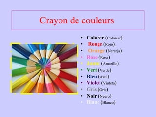 Colorer  ( Colorear ) Rouge  ( Rojo ) Orange  ( Naranja ) Rose  ( Rosa ) Jaune  ( Amarillo ) Vert  ( Verde ) Bleu  ( Azul ) Violet  ( Violeta ) Gris  ( Gris ) Noir  ( Negro ) Blanc   ( Blanco ) Crayon de couleurs  