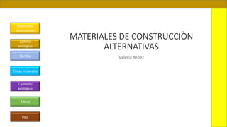 MATERIALES DE CONSTRUCCIÒN
ALTERNATIVAS
Valeria Yépez
Materiales
alternativos
Ladrillo
ecológico
Bambú
Tintas minerales
Cemento
ecológico
Adove
Paja
 