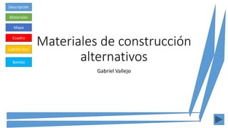 Materiales de construcción
alternativos
Gabriel Vallejo
Descripción
Materiales
Mapa
Cuadro
Ladrillo Eco.
Bambú
 