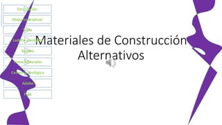 Materiales de Construcción
Alternativos
Descripción
Mapa conceptual
Adobe
Cemento ecológico
Bambú
Ladrillo ecológico
Tintas Minerales
Tabla
Paja
 