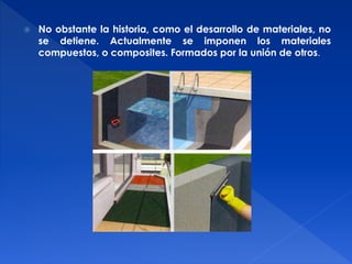  No obstante la historia, como el desarrollo de materiales, no 
se detiene. Actualmente se imponen los materiales 
compuestos, o composites. Formados por la unión de otros. 
 