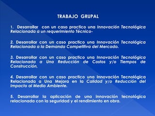 TRABAJO GRUPAL 
1. Desarrollar con un caso practico una Innovación Tecnológica 
Relacionada a un requerimiento Técnico- 
2. Desarrollar con un caso practico una Innovación Tecnológica 
Relacionada a la Demanda Competitiva del Mercado. 
3. Desarrollar con un caso practico una Innovación Tecnológica 
Relacionada a Una Reducción de Costos y/o Tiempos de 
Construcción, 
4. Desarrollar con un caso practico una Innovación Tecnológica 
Relacionada a Una Mejora en la Calidad y/o Reducción del 
Impacto al Medio Ambiente. 
5. Desarrollar la aplicación de una innovación tecnológica 
relacionada con la seguridad y el rendimiento en obra. 
 