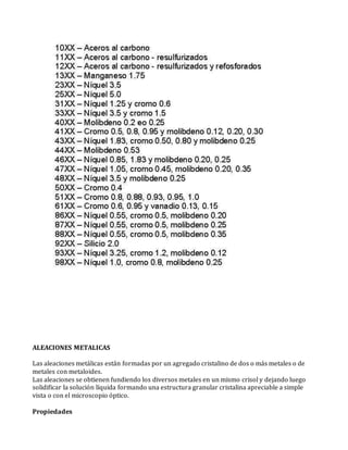 ALEACIONES METALICAS
Las aleaciones metálicas están formadas por un agregado cristalino de dos o más metales o de
metales con metaloides.
Las aleaciones se obtienen fundiendo los diversos metales en un mismo crisol y dejando luego
solidificar la solución líquida formando una estructura granular cristalina apreciable a simple
vista o con el microscopio óptico.
Propiedades
 