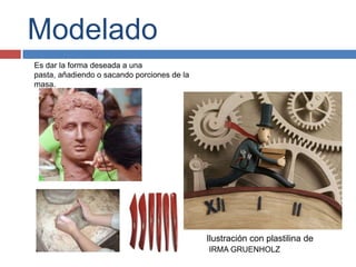 Modelado
Es dar la forma deseada a una
pasta, añadiendo o sacando porciones de la
masa.




                                             Ilustración con plastilina de
                                             IRMA GRUENHOLZ
 