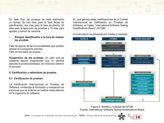 FAVA - Formación en Ambientes Virtuales de Aprendizaje SENA - Servicio Nacional de Aprendizaje
14
En este Plan de pruebas se está estimando
un tiempo de tres días para la fase inicial de
planificación, dos días para la fase de diseño, 45
días para la ejecución de pruebas y 15 días para
ajustes y control de cambios.
• Riesgos identificados a la hora de realizar
las pruebas.
Fallo de alguna de las funcionalidades que pueden
atrasar el cronograma previsto.
Fallo en los datos de prueba.
Suspensión de las pruebas: en caso que se
presente alguna irregularidad que no permita
ejecutar la prueba planteada, es necesario detener
el proceso.
6. Certificación y estándares de pruebas
6.1. Certificación de pruebas
La Certificación Internacional en Pruebas de
Software, contempla la formación y evaluación de
personas que se enfocan en realizar estas labores
en la ingeniería de software.
El que genera estas certificaciones es el Comité
Internacional de Calificación en Pruebas de
Software, en inglés, “International Software Testing
Qualifications Board” (ISTQB).
A continuación se presentan los niveles y módulos:
Figura 6. Niveles y módulos de ISTQB
Fuente: International Software Testing Qualifications Board
 