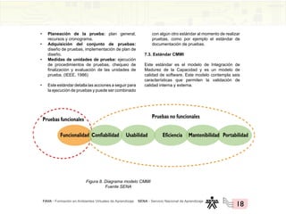 FAVA - Formación en Ambientes Virtuales de Aprendizaje SENA - Servicio Nacional de Aprendizaje
18
con algún otro estándar al momento de realizar
pruebas, como por ejemplo el estándar de
documentación de pruebas.
7.3. Estándar CMMI
Este estándar es el modelo de Integración de
Madurez de la Capacidad y es un modelo de
calidad de software. Este modelo contempla seis
características que permiten la validación de
calidad interna y externa.
• Planeación de la prueba: plan general,
recursos y cronograma.
• Adquisición del conjunto de pruebas:
diseño de pruebas, implementación de plan de
diseño.
• Medidas de unidades de prueba: ejecución
de procedimientos de pruebas, chequeo de
finalización y evaluación de las unidades de
prueba. (IEEE, 1986)
• Este estándar detalla las acciones a seguir para
la ejecución de pruebas y puede ser combinado
Figura 8. Diagrama modelo CMMI
Fuente SENA
 