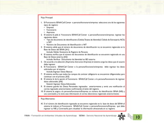 FAVA - Formación en Ambientes Virtuales de Aprendizaje SENA - Servicio Nacional de Aprendizaje
10
Flujo Principal:
1. El Funcionario SENA/Call Center o persona/funcionario/empresa selecciona uno de los siguientes
tipos de registro:
• Empresa
• Funcionario
• Aspirante
2. El sistema le pide al Funcionario SENA/Call Center o persona/funcionario/empresa ingresar los
siguientes datos:
• Tipo de documento de identificación (Cédula,Tarjeta de Identidad,Cédula de Extranjería,NCS)
		 o NIT.
• Número de Documento de Identificación o NIT
3. El sistema valida que el número de documento de identificación no se encuentre registrado en la
Base de Datos del SENA. [A1]
		 Include::Validar Existencia de Registro de Persona
4. El sistema verifica que el número de documento de identificación se encuentre registrado en una
Base de Datos externa. [A2]
Include::Verificar  Documento de Identidad en BD externa
5. De acuerdo a la selección (Aspirante,Instructor,Empresa) el sistema carga los datos que el usuario
debe ingresar.
6. El Funcionario SENA/Call Center o la persona/funcionario/empresa debe ingresar los datos
solicitados por el sistema.
		 Include::Ingresar Datos Básicos
7. El sistema verifica que todos los campos de carácter obligatorio se encuentren diligenciados para
continuar con el proceso. [A3]
8. El sistema le da la opción al Funcionario SENA/Call Center o la persona/funcionario de ingresar
datos adicionales. [A4]
Extend:: Ingresar Datos Adicionales
9. El sistema guarda los Datos Personales ingresados   anteriormente y envía una notificación al
correo ingresado anteriormente confirmando el éxito del registro.
10. El sistema le asigna a la persona/funcionario/Empresa un número de identificación SENA (NIS) y
una contraseña y le envía esta información al correo electrónico registrado anteriormente.
Flujo Alternativo:
A1. Si el número de identificación ingresado se encuentra registrado en la  base de datos del SENA el
sistema le indicara al Funcionario SENA/Call Center o persona/funcionario/Empresa que debe
ingresar su NIS y Contraseña para visualizar la información almacenada en su registro.
 