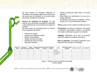 FAVA - Formación en Ambientes Virtuales de Aprendizaje SENA - Servicio Nacional de Aprendizaje
7
De esta manera, es necesario diligenciar la
información de resultados obtenidos en cada caso
de prueba que fue diseñado en la primera etapa
del proceso de gestión de pruebas.
Informe de incidente de pruebas: en este
informe es fundamental la recopilación adecuada
y bien redactada de lo que evidencia el equipo de
pruebas.
De esta manera se recomienda tener un informe
con la siguiente información:
• Fecha de la prueba.
• Persona que realiza la prueba.
• Módulo/ funcionalidad.
• Código del caso de prueba.
• Nombre del caso de prueba.
• Resultado obtenido.
• Estado de ejecución (pasó, falló, no se pudo
ejecutar).
• Estos datos son adicionales a los que ya se
tengan definidos.
• En dónde se encontró el problema: unidad,
módulo, API o funcionalidad del software.
Cómo: pasos con los cuales se evidenció el error.
Condiciones: qué datos se utilizaron, qué equipo
o dispositivo (computador, celular) y en general
con cuáles condiciones se generó el incidente.
Hallazgo: descripción de lo que se encontró,
relacionar imagen el problema encontrado.
Qué se esperaba: qué estaba esperando como
respuesta de la prueba en el software.
Figura 1. Ejemplo informe incidente de pruebas
Fuente: SENA
 