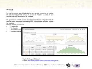 FAVA - Formación en Ambientes Virtuales de Aprendizaje SENA - Servicio Nacional de Aprendizaje
16
WebLoad
Es una herramienta que utiliza javascript para generar escenarios de prueba.
De esta manera permite simular el acceso de múltiples usuarios, lo cual
permite evaluar el rendimiento del software.
De igual manera permite generar reportes para analizar el comportamiento de
base de datos, servidores, sitio web y otros componentes utilizados durante
las pruebas.
Permite realizar acciones de:
• Correlación
• Verificación
• Parametrización
• Vista de consola
Figura 11. Imagen Webload
Fuente: http://www.radview.com/solution/web-testing-tools/
 