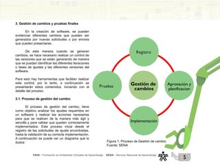 FAVA - Formación en Ambientes Virtuales de Aprendizaje SENA - Servicio Nacional de Aprendizaje
5
3. Gestión de cambios y pruebas finales
En la creación de software, se pueden
evidenciar diferentes cambios que pueden ser
generados por nuevas solicitudes o por errores
que pueden presentarse.
De esta manera cuando se generan
cambios, se hace necesario realizar un control de
las versiones que se están generando de manera
que se puedan identificar las diferentes iteraciones
o fases de ajustes y las diferentes versiones del
software.
Para esto hay herramientas que facilitan realizar
este control; por lo tanto, a continuación se
presentarán estos contenidos, iniciando con el
detalle del proceso.
3.1. Proceso de gestión del cambio
El proceso de gestión del cambio, tiene
como objetivo analizar los ajustes requeridos en
un software y realizar las acciones necesarias
para que se realicen de la manera más ágil y
sencilla y para validar que queden correctamente
implementados. Este proceso inicia desde el
registro de las solicitudes de ajuste encontradas,
hasta la validación de su correcta implementación.
A continuación se puede ver un diagrama que lo
ilustra:
Pruebas
Registro
Gestión de
cambios
Aprovación y
planificacion
Implementación
Figura 1. Proceso de Gestión de cambio.
Fuente: SENA
 