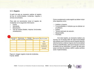 FAVA - Formación en Ambientes Virtuales de Aprendizaje SENA - Servicio Nacional de Aprendizaje
8
3.1.1. Registro
A partir de esto es necesario realizar el registro
de las no conformidades, incidentes, mejoras o
errores encontrados.
Para esto se recomienda iniciar el registro de
incidentes con la siguiente información:
• Fecha.
• Solicitante.
• Descripción.
• Tipo de cambio (fatales, mejoras, funcionales,
visualización).
Fecha de la
prueba
Persona que
realiza la prueba
Módulo/
funcionalidad
Descripción Tipo de cambio
fatal
mejora
visualización
funcional
Figura 4. Imagen registro inicial de incidentes.
Fuente: SENA
Como complemento a este registro se deben incluir
otros aspectos como:
• Análisis e impacto.
• Funcionalidades o módulos que se afectan en
el software.
• Estado.
• Tiempo estimado de solución.
• Responsable.
• Prioridad.
Con este registro, es necesario realizar una
reunión con el equipo líder de cada funcionalidad
del software para confirmar que el impacto descrito
efectivamente no afecta ninguna otra funcionalidad
de las ya identificadas, para que el equipo conozca
el estado de las solicitudes y a partir de esto para
pasar a la fase de analizar y definir cuáles cambios
serán implementados.
 