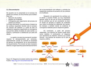 FAVA - Formación en Ambientes Virtuales de Aprendizaje SENA - Servicio Nacional de Aprendizaje
15
3.2. Documentación
De acuerdo con lo presentado en el proceso de
gestión de cambios, los documentos que se deben
tener son:
• Resumen de pruebas.
• Registro de incidentes.
• Cronograma para seguimiento del proceso de
gestión de cambios.
Con esta información, se podrá tener el listado de
los cambios requeridos durante todo el proceso
de creación del software y a partir de esto se
realizará el respectivo seguimiento al cronograma
que permita validar el estado de cada cambio, su
avance y culminación a satisfacción por parte del
cliente.
La gestión de esta documentación también
requiere el almacenamiento por versiones,
especialmente cuando se comentó la necesidad
de generar la actualización de la documentación
de requerimientos. Por lo tanto se hace necesario
destinarunlugarespecíficoparaelalmacenamiento
de la documentación del software y controlar las
respectivas versiones de acuerdo con los cambios
en el software.
Respecto a la aprobación de cambios con
el cliente y usuarios finales, es muy importante
generar actas en las que se firme la aprobación
de los cambios que se van acordando, es decir
en donde se aprueba el registro de incidentes
que indica la prioridad de desarrollo del cambio,
los tiempos y también donde se evidencie el
cronograma realizado para la respectiva gestión.
En conclusión, a partir del proceso
adelantado, una solicitud de cambio puede tener
varios estados. A continuación un diagrama
que representa los distintos caminos que puede
recorrer una solicitud de acuerdo con lo que se
requiera y defina:
Figura 10. Diagrama de estado solicitud de cambios.
Fuente: https://sg.com.mx/content/view/189
 