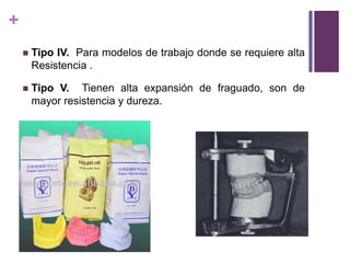 Tipo IV.  Para modelos de trabajo donde se requiere alta Resistencia .Tipo V.  Tienen alta expansión de fraguado, son de mayor resistencia y dureza. 