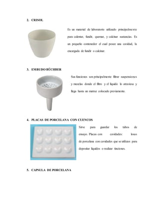 2. CRISOL
Es un material de laboratorio utilizado principalmente
para calentar, fundir, quemar, y calcinar sustancias. Es
un pequeño contenedor el cual posee una cavidad, la
encargada de fundir o calcinar.
3. EMBUDO BÜCHBER
Sus funciones son principalmente filtrar suspensiones
y mezclas donde el filtro y el líquido lo atraviesa y
llega hasta un matraz colocado previamente.
4. PLACAS DE PORCELANA CON CUENCOS
Sirve para guardar los tubos de
ensayo. Placas con cavidades: losas
de porcelana con cavidades que se utilizan para
depositar líquidos o realizar tinciones.
5. CAPSULA DE PORCELANA
 