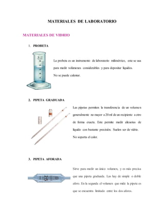 MATERIALES DE LABORATORIO
MATERIALES DE VIDRIO
1. PROBETA
La probeta es un instrumento de laboratorio milimétrico, este se usa
para medir volúmenes considerables y para depositar líquidos.
No se puede calentar.
2. PIPETA GRADUADA
Las pipetas permiten la transferencia de un volumen
generalmente no mayor a 20 ml de un recipiente a otro
de forma exacta. Este permite medir alícuotas de
líquido con bastante precisión. Suelen ser de vidrio.
No soporta el calor.
3. PIPETA AFORADA
Sirve para medir un único volumen, y es más precisa
que una pipeta graduada. Las hay de simple o doble
aforo. En la segunda el volumen que mide la pipeta es
que se encuentra limitado entre los dos aforos.
 