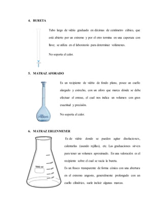 4. BURETA
Tubo largo de vidrio graduado en décimas de centímetro cúbico, que
está abierto por un extremo y por el otro termina en una caperuza con
llave; se utiliza en el laboratorio para determinar volúmenes.
No soporta el calor.
5. MATRAZ AFORADO
Es un recipiente de vidrio de fondo plano, posee un cuello
alargado y estrecho, con un aforo que marca dónde se debe
efectuar el enrase, el cual nos indica un volumen con gran
exactitud y precisión.
No soporta el calor.
6. MATRAZ ERLENMEYER
Es de vidrio donde se pueden agitar disoluciones,
calentarlas (usando rejillas), etc. Las graduaciones sirven
para tener un volumen aproximado. En una valoración es el
recipiente sobre el cual se vacía la bureta.
Es un frasco transparente de forma cónica con una abertura
en el extremo angosto, generalmente prolongado con un
cuello cilíndrico, suele incluir algunas marcas.
 