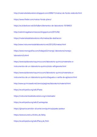 http://materialeslaboratorio.blogspot.com/2008/11/matraz-de-fondo-redondo.html
https://www.lifeder.com/matraz-fondo-plano/
https://es.slideshare.net/SofiaBarn/elementos-de-laboratorio-76184923
http://valentinagaleanomoscoso.blogspot.com/2015/06/
https://materialesdelaboratorio.info/matraz/de-destilacion
http://www.instrumentosdelaboratorio.net/2012/05/matraz.html
https://www.monografias.com/trabajos52/manejo-laboratorio/manejo-
laboratorio2.shtml
https://www.tplaboratorioquimico.com/laboratorio-quimico/materiales-e-
instrumentos-de-un-laboratorio-quimico/tubo-refrigerante.html
https://www.tplaboratorioquimico.com/laboratorio-quimico/materiales-e-
instrumentos-de-un-laboratorio-quimico/bagueta-o-varilla-de-agitacion.html
http://www.quimicaweb.net/ciencia/paginas/laboratorio/material.html
https://es.wikipedia.org/wiki/Piseta
https://instrumentosdelaboratorio.org/cristalizador
https://es.wikipedia.org/wiki/Cuentagotas
https://glosarios.servidor-alicante.com/quimica/pipeta-pasteur
https://www.ecured.cu/Vidrio_de_Reloj
https://es.wikipedia.org/wiki/Placa_de_Petri
 