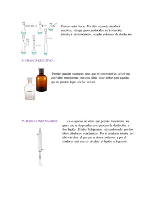 Poseen varias bocas. Por ellas se puede introducir
reactivos, recoger gases producidos en la reacción,
introducir un termómetro, acoplar columnas de destilación.
24 FRASCO REACTIVO :
Permite guardar sustancias unas que no son resistibles al sol una
con vidrio transparente otra con vidrio color ámbar para aquellas
que no pueden llegar a la luz del sol
25 TUBO CONDENSADOR: es un aparato de vidrio que permite transformar los
gases que se desprenden en el proceso de destilación, a
fase liquida .El tubo Refrigerante stá conformado por dos
tubos cilíndricos concéntricos. Por el conducto interior del
tubo circulara el gas que se desea condensar y por el
conducto más externo circulara el líquido refrigerante.
 