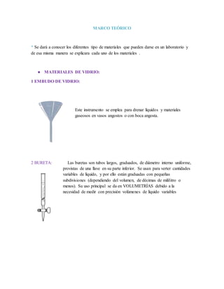 MARCO TEÓRICO
* Se dará a conocer los diferentes tipo de materiales que pueden darse en un laboratorio y
de esa misma manera se explicara cada uno de los materiales .
● MATERIALES DE VIDRIO:
1 EMBUDO DE VIDRIO:
Este instrumento se emplea para drenar líquidos y materiales
gaseosos en vasos angostos o con boca angosta.
2 BURETA: Las buretas son tubos largos, graduados, de diámetro interno uniforme,
provistas de una llave en su parte inferior. Se usan para verter cantidades
variables de líquido, y por ello están graduadas con pequeñas
subdivisiones (dependiendo del volumen, de décimas de mililitro o
menos). Su uso principal se da en VOLUMETRÍAS debido a la
necesidad de medir con precisión volúmenes de líquido variables
 