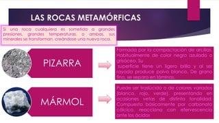 LAS ROCAS METAMÓRFICAS
Si una roca cualquiera es sometida a grandes
presiones, grandes temperaturas, o ambas, sus
minerales se transforman, creándose una nueva roca.
PIZARRA
MÁRMOL
Formada por la compactación de arcillas.
Habitualmente de color negro azulado o
grisáceo. Su
superficie tiene un ligero brillo y al ser
rayada produce polvo blanco. De grano
fino, se separa en láminas.
Puede ser traslúcido o de colores variados
(blanco, rojo, verde), presentando en
ocasiones vetas de distinta tonalidad.
Compuesto básicamente por carbonato
cálcico, reacciona con efervescencia
ante los ácidos
 