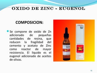 OXIDO DE ZINC - EUGENOLOXIDO DE ZINC - EUGENOL
COMPOSICION:
Se compone de oxido de Zn
adicionado de pequeñas
cantidades de resina, que
reducen la fragilidad del
cemento y acetato de Zinc
como reactor de mayor
resistencia. El liquido es el
eugenol adicionado de aceites
de olivas.
15
 