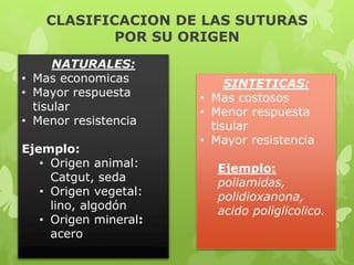 CLASIFICACION DE LAS SUTURAS
POR SU ORIGEN
NATURALES:
• Mas economicas
• Mayor respuesta
tisular
• Menor resistencia
Ejemplo:
• Origen animal:
Catgut, seda
• Origen vegetal:
lino, algodón
• Origen mineral:
acero
SINTETICAS:
• Mas costosos
• Menor respuesta
tisular
• Mayor resistencia
Ejemplo:
poliamidas,
polidioxanona,
acido poliglicolico.
 
