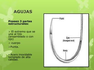 Poseen 3 partes
estructurales:
 El extremo que se
une al hilo
(ensamblado o con
ojo)
 cuerpo
Punta.
 Acero inoxidable
templado de alta
calidad.
AGUJAS
 