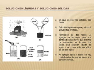 SOLUCIONES LÍQUIDAS Y SOLUCIONES SÓLIDASEl agua en sus tres estados. tres fases.Solución líquida de agua y alcohol. Solubilidad ilimitada.Formación de dos fases: Al agregar sal en agua, para una cantidad de sal mayor que el límite de saturación se forman dos fases, una solución líquida de agua y sal y una solución sólida de sal con agua.Al agregar agua y aceite no hay posibilidades de que se forme una solución líquida. 