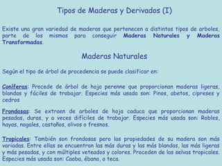 Tipos de Maderas y Derivados (I)

Existe una gran variedad de maderas que pertenecen a distintos tipos de arboles,
parte de los mismos para conseguir Maderas Naturales y Maderas
Transformadas.

                              Maderas Naturales
Según el tipo de árbol de procedencia se puede clasificar en:

Coníferas: Procede de árbol de hoja perenne que proporcionan maderas ligeras,
blandas y fáciles de trabajar. Especies más usada son: Pinos, abetos, cipreses y
cedros

Frondosas: Se extraen de arboles de hoja caduca que proporcionan maderas
pesadas, duras, y a veces difíciles de trabajar. Especies más usada son: Robles,
hayas, nogales, castaños, olivos o fresnos.

Tropicales: También son frondosas pero las propiedades de su madera son más
variadas. Entre ellas se encuentran las más duras y las más blandas, las más ligeras
y más pesadas, y con múltiples veteados y colores. Proceden de las selvas tropicales.
Especies más usada son: Caoba, ébano, o teca.
 